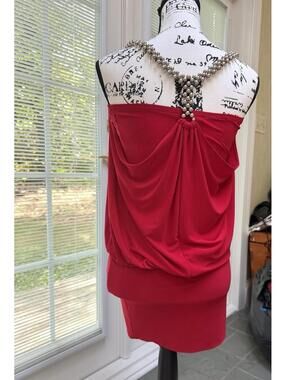 Cache Sz XS Red Silver Beads Racer Back Draped Polyester Spandex Dress. EUC